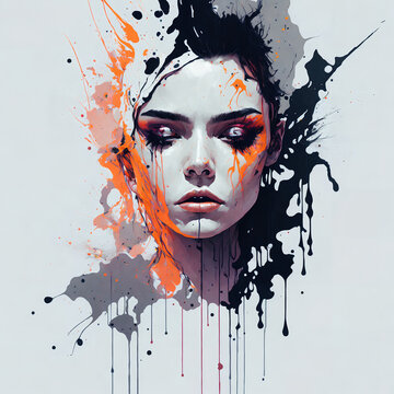 Portrait of beautiful young woman with colorful splashes on her face.