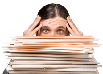 Closeup of a Worried Employee Behind Stack of Folders
