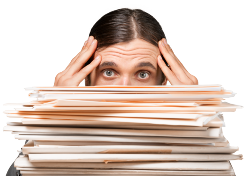 Closeup of a Worried Employee Behind Stack of Folders