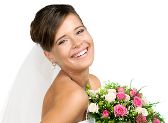 Beautiful bride in white wedding dress holding bouquet