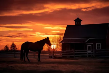 Papier Peint photo Orange horses on the ranch at sunset, generative  ai