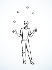 Vector drawing. Guy juggling balls