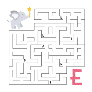 ABC maze game. Educational puzzle for kids. Labyrinth with letters. Help elephant find right way to the letter E. Activity worksheet. Learn English language. Vector illustration.