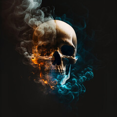 skull with red and blue smoke