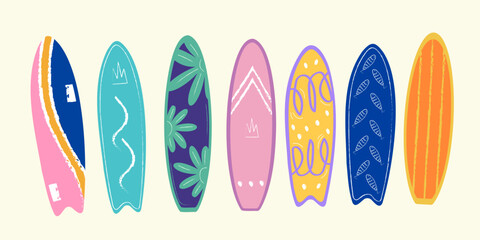 Set of surf boards, Surfing Sport, Surf Boards by Ocean Waves. Summer Activity, Lifestyle. Cartoon Vector Illustration. - obrazy, fototapety, plakaty
