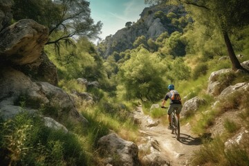 Fototapeta premium Mountain biker riding cycling in forest, generative ai