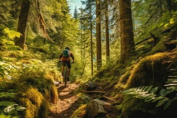 Fototapeta premium Mountain biker riding cycling in forest, generative ai
