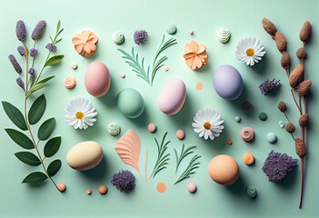 Fototapeta na wymiar happy easter, Minimalist, modern Easter background with flowers and Easter eggs in pastel colors with lots of free space from above, generative AI
