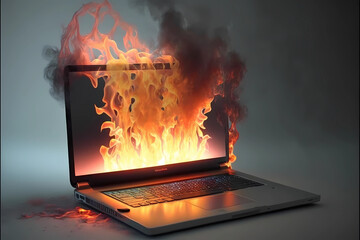 Laptop overheating. Burning laptop. Equipment cooling system. AI generation