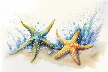 Fototapeta na wymiar Starfish on the beach. Watercolor. AI generation