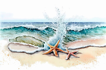 Starfish on the beach. Watercolor. AI generation