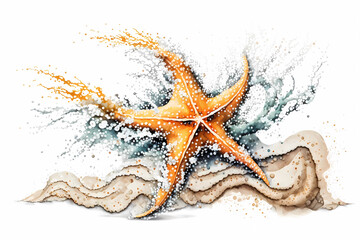 Starfish on the beach. Watercolor. AI generation