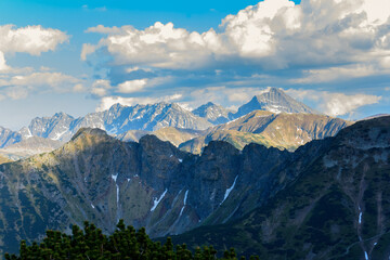 Mountain landscape with a view of the panorama of the peaks of the High Tatras