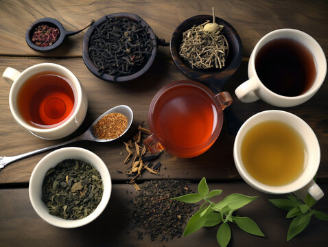 Traditional black and herbal tea collection for breakfast on wooden table top view background. Drinks in cups in assortment for International Tea Day. Generative AI