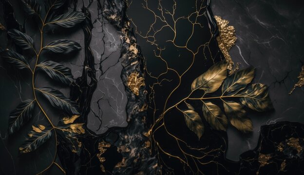 Luxury marble pattern, gold-veined or leafy marble pattern, modern marble pattern, Generative Ai