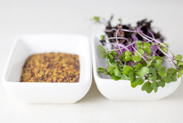 micro greens threads with roots in woman or kid baby hands in small ceramic plate or through scissors blade on kitchen table isolated.plants seed home growing healthy nutrition fibers