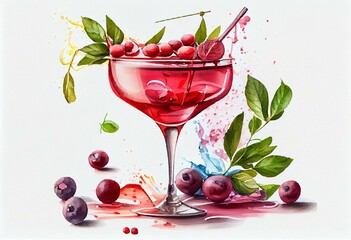 Watercolor pink cosmopolitan cocktail with cranberries  isolated on white background. Watercolour drink illustration. Generative AI - obrazy, fototapety, plakaty