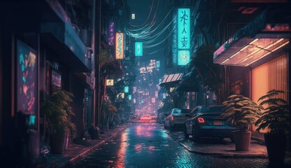 Tokyo at night anime scene neon, generative AI
