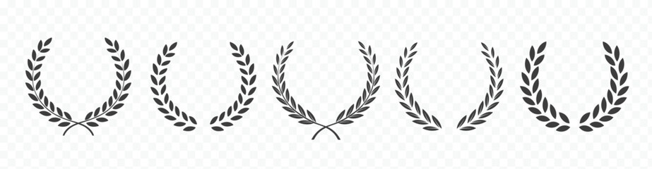 Vector black laurels set. Circular foliate laurels branches. Laurel wreath silhouette. Trophy crest. Greek olive branch award, winner round emblem - obrazy, fototapety, plakaty