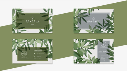 Business card with green leaves. Design template for company organic bio logo, natural and eco products, cosmetic, pharmacy, medicine. Vector leaves EPS10 © Angela Ksen