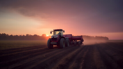 Fototapeta premium John Deere tractor working a field on a farm at sunset, generative ai 