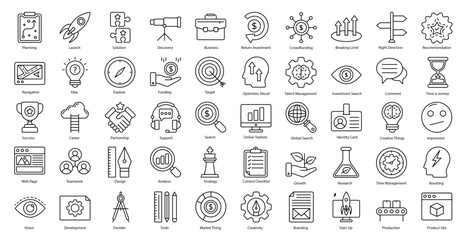 Startup Thin Line Icons Job Branding Work Icon Set in Outline Style 50 Vector Icons in Black	