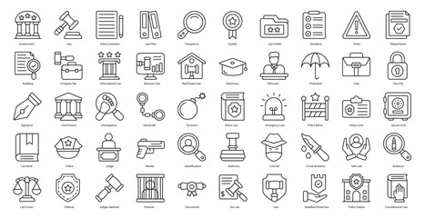 Law & Justice Thin Line Icons Legal Government Icon Set in Outline Style 50 Vector Icons in Black - obrazy, fototapety, plakaty