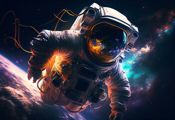 Obraz na płótnie Canvas Astronaut at spacewalk in deep space. 3D sci-fi art. Elements of image provided by Nasa. Generative AI