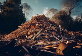 Large pile of woody material from land clearing of surrounding bush and trees. Generative AI - obrazy, fototapety, plakaty