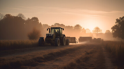 Fototapeta premium John Deere tractor working a field on a farm at sunset, generative ai 