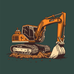 Yellow excavator digging into the ground with dirt. Vector illustration © esa