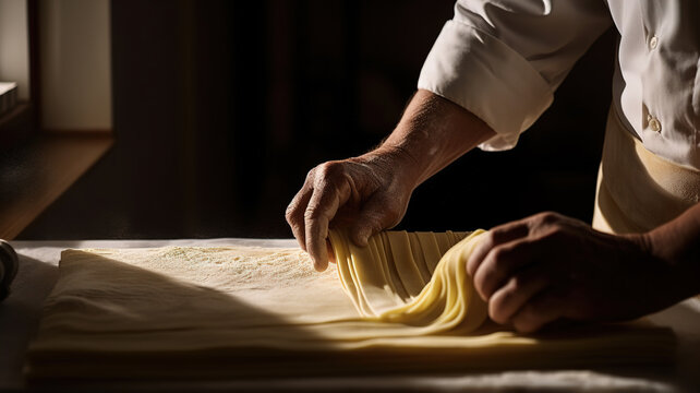 Chef making dough for traditional Italian homemade tagliatelle pasta, Cooking process, food concept
