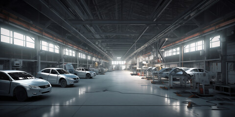 Сar bodies on assembly line. Factory for production of autos. Modern automotive industry. Сar factory, conveyor. Body shop. Auto repair shop. Generative AI