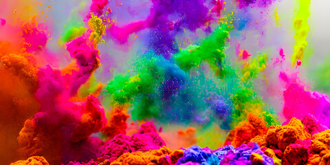 Gulal - colorful rainbow Holi paint splash, color powder explosion, created by Generative AI