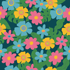 Colourful seamless pattern with fantastic flowers.
