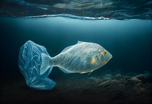 Fish trapped in plastic bag under the ocean. Environmental awareness concept. Generative AI illustration