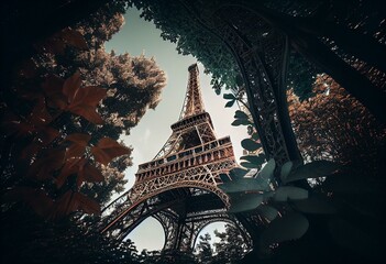 Eiffel Tower against the sky with green trees in Paris, France. Famous travel destination. Generative AI