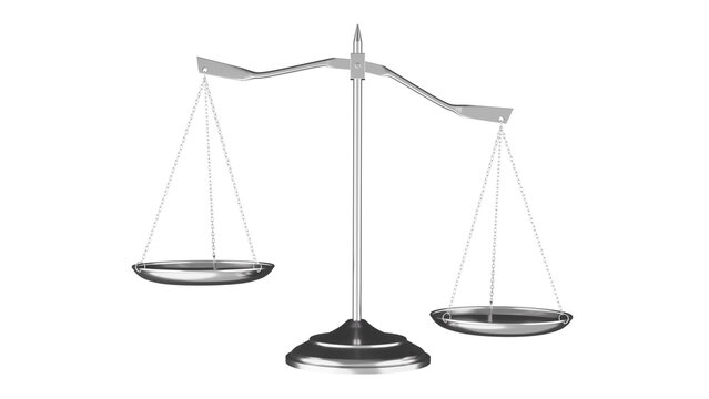 Silver imbalance Libra scales of justice isolated on transparent background. Scales concept. 3D render