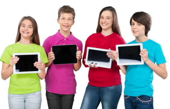 Friendly school children with tablets pc - isolated on white