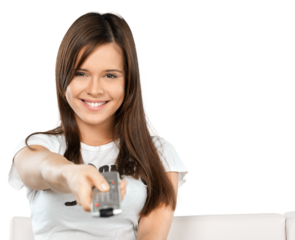 Happy smiling woman with tv remote control