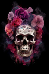 Skull Surrounded by Red and Purple Roses. generative ai