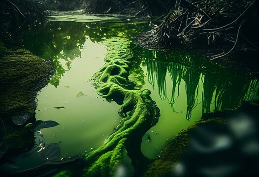 Green algae bloom in the water. The polluted water lake surface with filamentous algae. Swamp algae. Generative AI