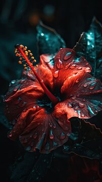 hibiscus flower with water drops,neon glow, sun rise, bokha mood - generative ai