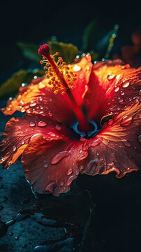 hibiscus flower with water drops,neon glow, sun rise, bokha mood - generative ai