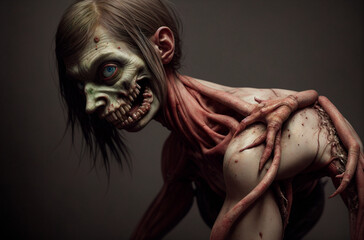 Scary zombie girl on dark background. Halloween. Horror film. Generative AI.