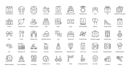 Obraz na płótnie Canvas Wedding Thin Line Icons Church Couple Festival Icon Set in Outline Style 50 Vector Icons in Black 