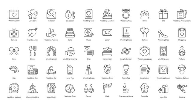 Wedding Thin Line Icons Church Couple Festival Icon Set in Outline Style 50 Vector Icons in Black	