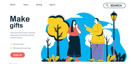 Make gifts concept for landing page template. Man prepares gift to give it to woman. Present surprise, celebration holiday people scene. Vector illustration with flat character design for web banner