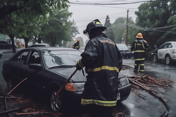 Naklejka premium Back view of firefighters helping to clear fallen trees off cars in the aftermath of a stormy, rainy day. Generative AI