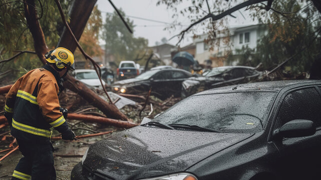 Back view of firefighters helping to clear fallen trees off cars in the aftermath of a stormy, rainy day. Generative AI